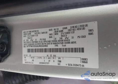 2018 Ford F-150 Lariat z USA, uszkodzony, nr VIN 1FTFW1EGXJKE22402